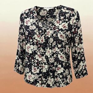 Fun2Fun Blouse Womens XL Black Cream Red Floral Pleated Front Cottagecore Boho